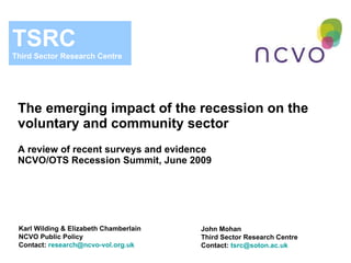 The emerging impact of the recession on the voluntary and community sector A review of recent surveys and evidence NCVO/OTS Recession Summit, June 2009 Karl Wilding & Elizabeth Chamberlain NCVO Public Policy Contact:  [email_address]   John Mohan Third Sector Research Centre Contact:  [email_address]   TSRC Third Sector Research Centre 