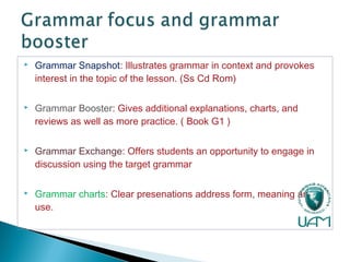  Grammar Snapshot: Illustrates grammar in context and provokes
interest in the topic of the lesson. (Ss Cd Rom)
 Grammar Booster: Gives additional explanations, charts, and
reviews as well as more practice. ( Book G1 )
 Grammar Exchange: Offers students an opportunity to engage in
discussion using the target grammar
 Grammar charts: Clear presenations address form, meaning and
use.
 