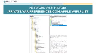 NETWORK WI-FI HISTORY
/PRIVATE/VAR/PREFERENCES/COM.APPLE.WIFI.PLIST
 