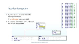 header decryption
• But the routine does not stop after
parsing the header
• The real header starts after 8KB
• It does not return back some data from
the header, it continues…
SANS DFIR Summit Prague 10.2017 - @dfirfpi on SunSZ
 
