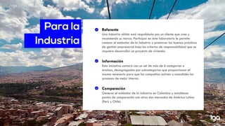 Referente
Una industria sólida está respaldada por un cliente que cree y
recomienda su marca. Participar en este laboratorio le permite
conocer el estándar de la industria y promover las buenas prácticas
de gestión empresarial bajo los criterios de responsabilidad que se
requiere desarrollar un proyecto de vivienda.
Información
Esta iniciativa contará con un set de más de 6 categorías a
evaluar, desagregadas por subcategorías que proporcionan el
insumo necesario para que las compañías activen o consoliden los
procesos de mejor interna.
Comparación
Generar el estándar de la industria en Colombia y establecer
puntos de comparación con otros dos mercados de América Latina
(Perú y Chile).
 