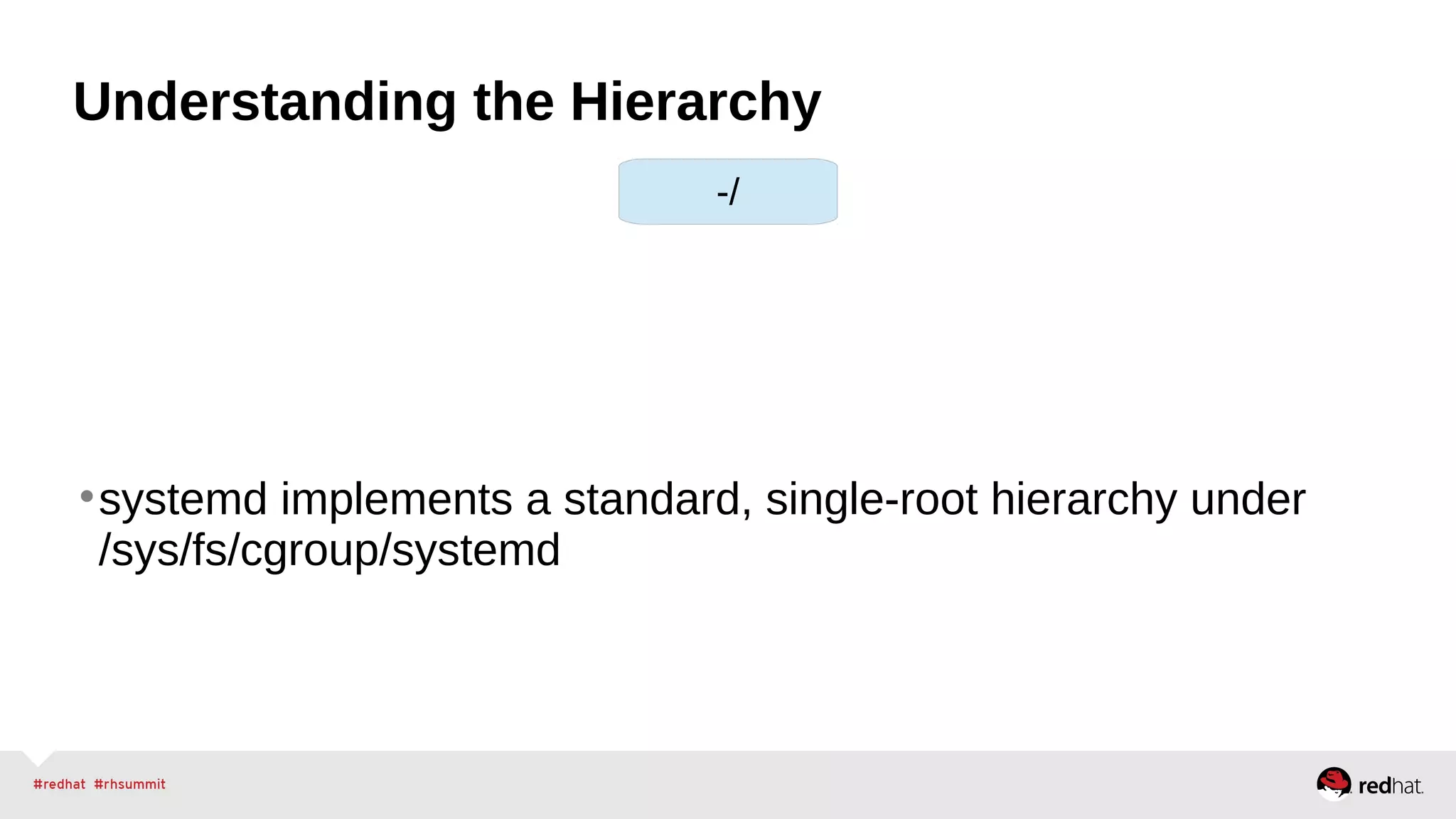 Understanding the Hierarchy 
-/ 
•systemd implements a standard, single-root hierarchy under 
/sys/fs/cgroup/systemd 
 