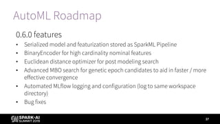 AutoML Roadmap
0.6.0 features
• Serialized model and featurization stored as SparkML Pipeline
• BinaryEncoder for high cardinality nominal features
• Euclidean distance optimizer for post modeling search
• Advanced MBO search for genetic epoch candidates to aid in faster / more
effective convergence
• Automated MLflow logging and configuration (log to same workspace
directory)
• Bug fixes
37
 