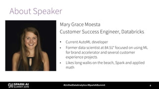 About Speaker
Mary Grace Moesta
Customer Success Engineer, Databricks
• Current AutoML developer
• Former data scientist at 84.51° focused on using ML
for brand accelerator and several customer
experience projects
• Likes long walks on the beach, Spark and applied
math
4#UnifiedDataAnalytics #SparkAISummit
 