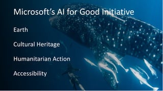 Microsoft’s AI for Good Initiative
Cultural Heritage
Earth
Accessibility
Humanitarian Action
 