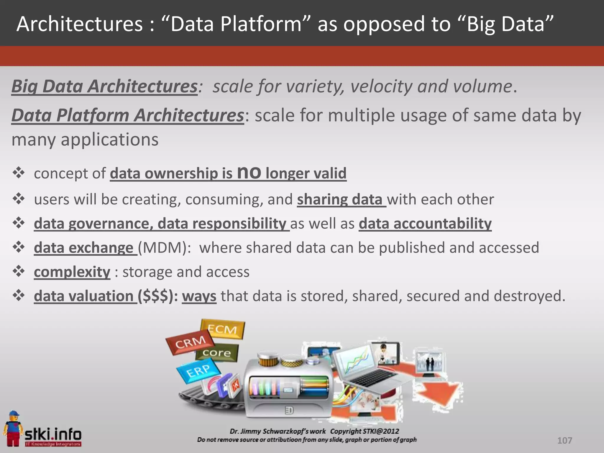 Architectures : “Data Platform” as opposed to “Big Data”

Big Data Architectures: scale for variety, velocity and volume.
Data Platform Architectures: scale for multiple usage of same data by
many applications
 concept of data ownership is no longer valid
   users will be creating, consuming, and sharing data with each other
   data governance, data responsibility as well as data accountability
   data exchange (MDM): where shared data can be published and accessed
   complexity : storage and access
   data valuation ($$$): ways that data is stored, shared, secured and destroyed.




                                                                                107
 