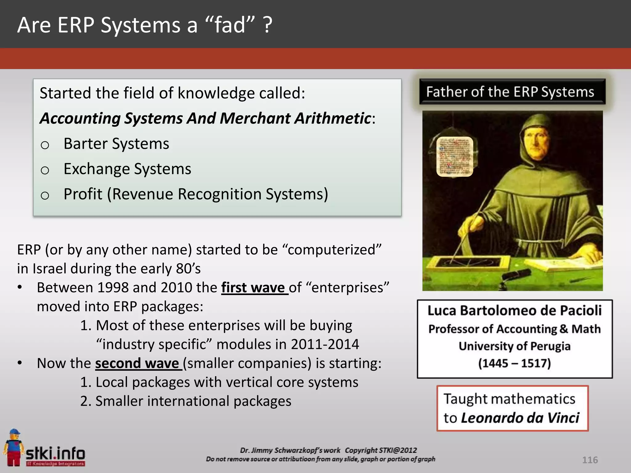 Are ERP Systems a “fad” ?

   Started the field of knowledge called:
   Accounting Systems And Merchant Arithmetic:
   o Barter Systems
   o Exchange Systems
   o Profit (Revenue Recognition Systems)


ERP (or by any other name) started to be “computerized”
in Israel during the early 80’s
• Between 1998 and 2010 the first wave of “enterprises”
    moved into ERP packages:
           1. Most of these enterprises will be buying
              “industry specific” modules in 2011-2014
• Now the second wave (smaller companies) is starting:
           1. Local packages with vertical core systems
           2. Smaller international packages


                                                          116
 