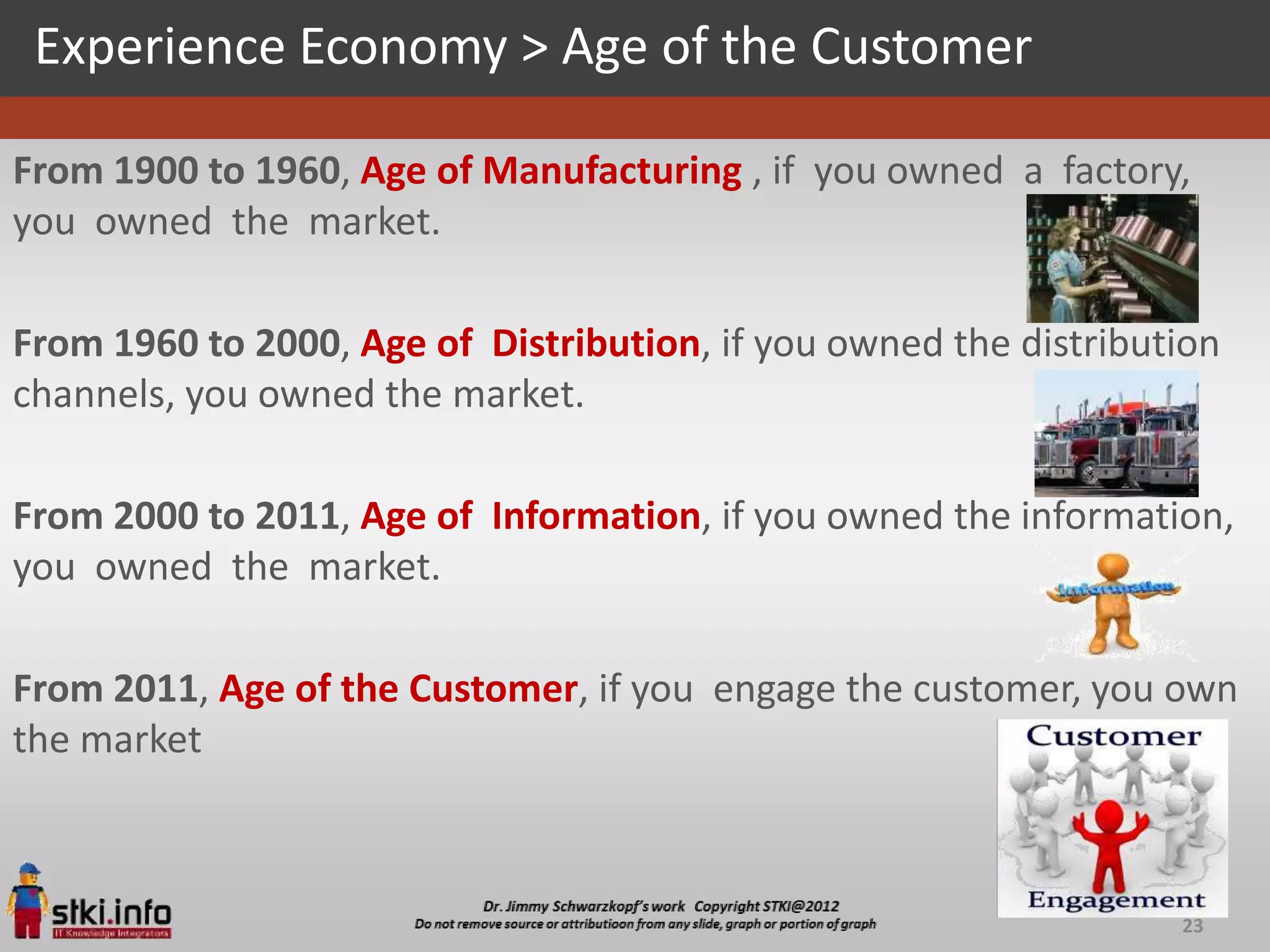 Experience Economy > Age of the Customer

From 1900 to 1960, Age of Manufacturing , if you owned a factory,
you owned the market.

From 1960 to 2000, Age of Distribution, if you owned the distribution
channels, you owned the market.

From 2000 to 2011, Age of Information, if you owned the information,
you owned the market.

From 2011, Age of the Customer, if you engage the customer, you own
the market



                                                                  23
 
