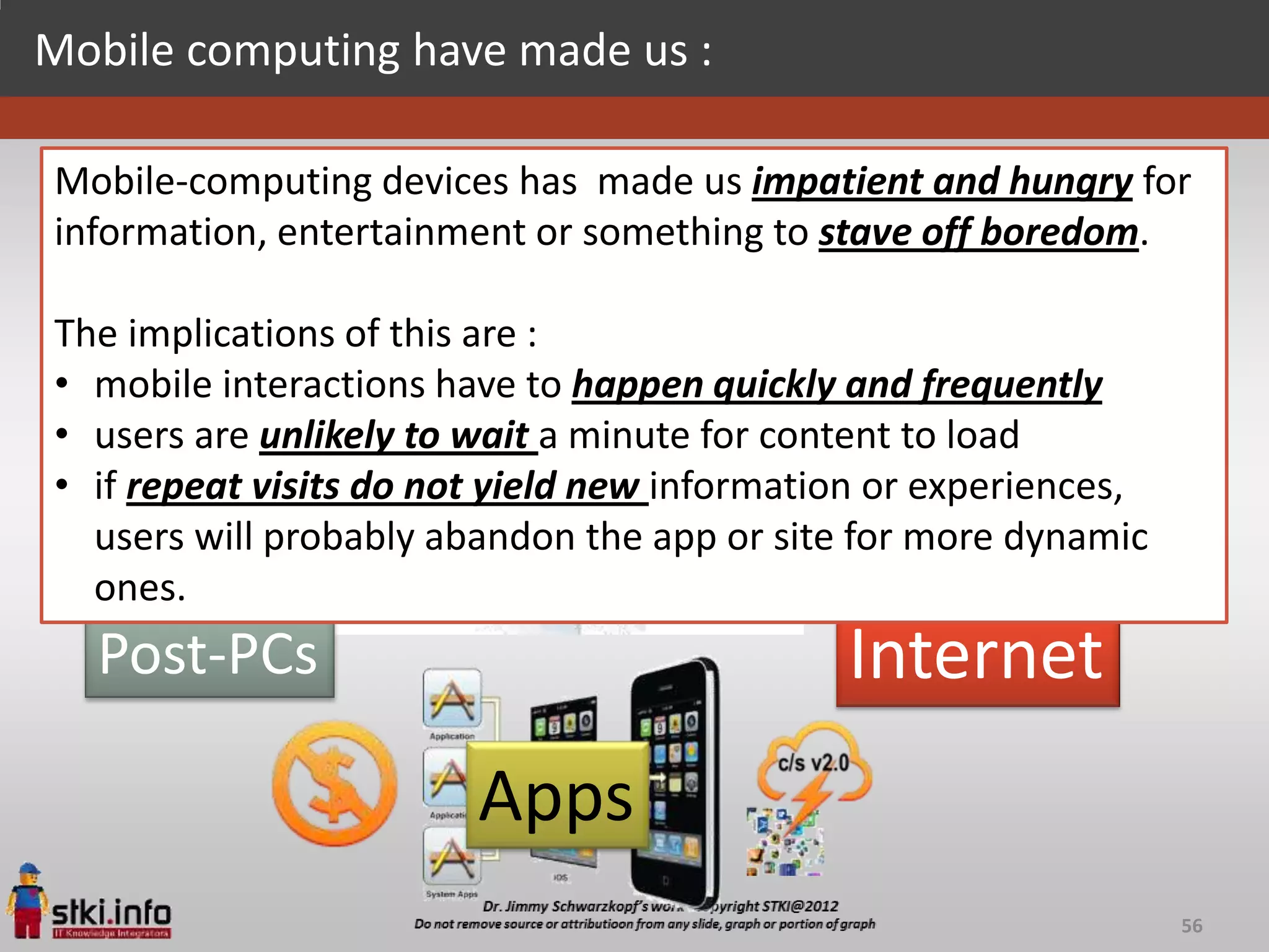 Mobile computing have made us :

Mobile-computing devices has made us impatient and hungry for
     PC                                      Internet
information, entertainment or something to stave off boredom.

The implications of this are :
• mobile interactions have to happen quickly and frequently
• users are unlikely to wait a minute for content to load
• if repeat visits do not yield new information or experiences,
                    Web/Cloud
  users will probably abandon the app or site for more dynamic
  ones.
  Post-PCs                                   Internet
                        Apps
                                                                  56
 