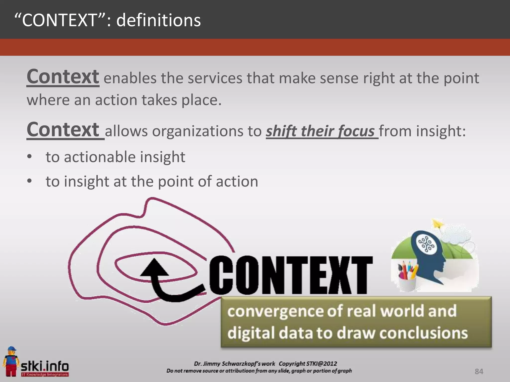 “CONTEXT”: definitions

 Context enables the services that make sense right at the point
 where an action takes place.
 Context allows organizations to shift their focus from insight:
 • to actionable insight
 • to insight at the point of action




                                                                   84
 