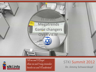IT Israel:
 Megatrends
Game changers
 OVERVIEW




                STKI Summit 2012
                Dr. Jimmy Schwarzkopf
 