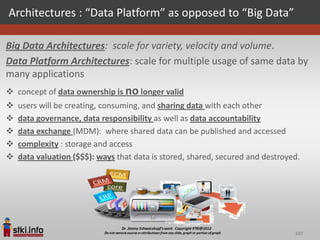 Architectures : “Data Platform” as opposed to “Big Data”

Big Data Architectures: scale for variety, velocity and volume.
Data Platform Architectures: scale for multiple usage of same data by
many applications
 concept of data ownership is no longer valid
   users will be creating, consuming, and sharing data with each other
   data governance, data responsibility as well as data accountability
   data exchange (MDM): where shared data can be published and accessed
   complexity : storage and access
   data valuation ($$$): ways that data is stored, shared, secured and destroyed.




                                                                                107
 