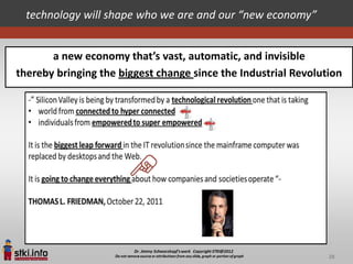 technology will shape who we are and our “new economy”


       a new economy that’s vast, automatic, and invisible
thereby bringing the biggest change since the Industrial Revolution




                                                                28
 