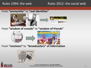 Rules 1994: the web                 Rules 2012: the social web

From “anonymity” to “real identities”




From “wisdom of crowds” to “wisdom of friends”




From “receivers” to “broadcasters” of information




                                                             29
 