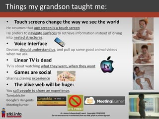 Things my grandson taught me:
•    Touch screens change the way we see the world
He assumes that any screen is a touch screen
He prefers to navigate surfaces to retrieve information instead of diving
into nested structures.
•    Voice Interface
Devices should understand us, and pull up some good animal videos
when we ask.
•    Linear TV is dead
TV is about watching what they want, when they want
•    Games are social
Sharing playing experience
•    The alive web will be huge:
You call people to share an experience,
Turntable.fm
Google’s Hangouts
MeetingBurner


                                                                            34
 
