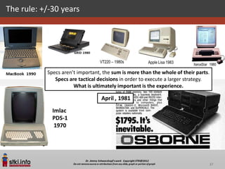 The rule: +/-30 years




           Specs aren’t important, the sum is more than the whole of their parts.
              Specs are tactical decisions in order to execute a larger strategy.
                      What is ultimately important is the experience.




                                                                                37
 
