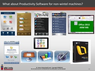 What about Productivity Software for non-wintel machines?




                                                     Office 2015
                                                      ARM W8




                                                              45
 