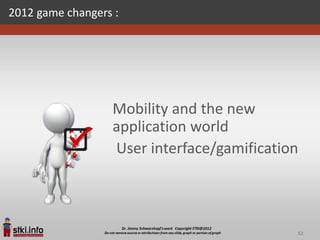 2012 game changers :




                  Mobility and the new
                  application world
                  User interface/gamification



                                            52
 