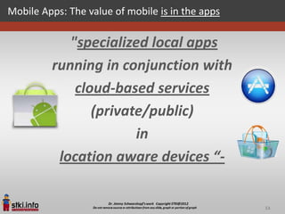 Mobile Apps: The value of mobile is in the apps

            "specialized local apps
         running in conjunction with
             cloud-based services
                (private/public)
                       in
          location aware devices “-


                                                  53
 