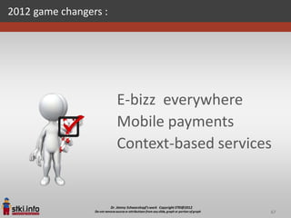 2012 game changers :




                       E-bizz everywhere
                       Mobile payments
                       Context-based services


                                            67
 