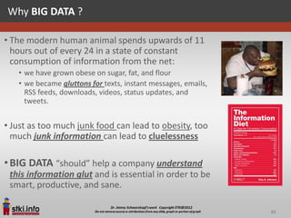 Why BIG DATA ?

• The modern human animal spends upwards of 11
  hours out of every 24 in a state of constant
  consumption of information from the net:
   • we have grown obese on sugar, fat, and flour
   • we became gluttons for texts, instant messages, emails,
     RSS feeds, downloads, videos, status updates, and
     tweets.


• Just as too much junk food can lead to obesity, too
  much junk information can lead to cluelessness

• BIG DATA “should” help a company understand
 this information glut and is essential in order to be
 smart, productive, and sane.

                                                               93
 