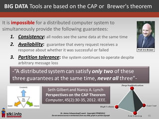 BIG DATA Tools are based on the CAP or Brewer's theorem

It is impossible for a distributed computer system to
simultaneously provide the following guarantees:
     1. Consistency: all nodes see the same data at the same time
     2. Availability: guarantee that every request receives a
        response about whether it was successful or failed
    3. Partition tolerance: the system continues to operate despite
        arbitrary message loss




                                                                      95
 