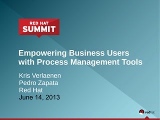 Empowering Business Users
with Process Management Tools
Kris Verlaenen
Pedro Zapata
Red Hat
June 14, 2013
 