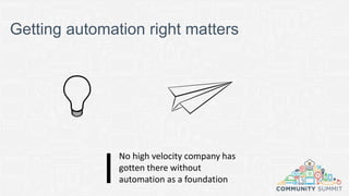 Getting automation right matters
No high velocity company has
gotten there without
automation as a foundation
 