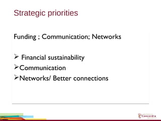 Strategic priorities
Funding ; Communication; Networks
 Financial sustainability
Communication
Networks/ Better connections
Funding ; Communication; Networks
 Financial sustainability
Communication
Networks/ Better connections
 