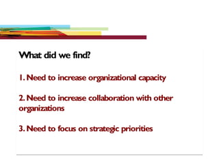 What did we find?
1.Need to increase organizational capacity
2.Need to increase collaboration with other
organizations
3.Need to focus on strategic priorities
What did we find?
1.Need to increase organizational capacity
2.Need to increase collaboration with other
organizations
3.Need to focus on strategic priorities
 