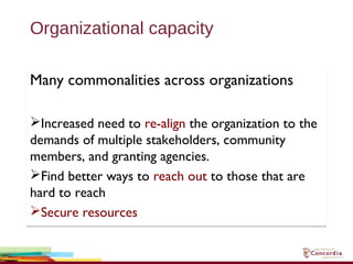 Organizational capacity
Many commonalities across organizations
Increased need to re-align the organization to the
demands of multiple stakeholders, community
members, and granting agencies.
Find better ways to reach out to those that are
hard to reach
Secure resources
Many commonalities across organizations
Increased need to re-align the organization to the
demands of multiple stakeholders, community
members, and granting agencies.
Find better ways to reach out to those that are
hard to reach
Secure resources
 