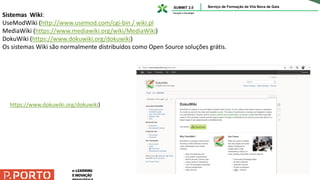 Sistemas Wiki:
UseModWiki (http://www.usemod.com/cgi-bin / wiki.pl
MediaWiki (https://www.mediawiki.org/wiki/MediaWiki)
DokuWiki (https://www.dokuwiki.org/dokuwiki)
Os sistemas Wiki são normalmente distribuídos como Open Source soluções grátis.
https://www.dokuwiki.org/dokuwiki)
 