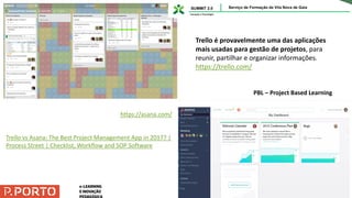 Trello é provavelmente uma das aplicações
mais usadas para gestão de projetos, para
reunir, partilhar e organizar informações.
https://trello.com/
https://asana.com/
Trello vs Asana: The Best Project Management App in 2017? |
Process Street | Checklist, Workflow and SOP Software
PBL – Project Based Learning
 