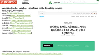Algumas aplicações populares e simples de gestão de projetos incluem:
Trello(https://trello.com),
Asana (https://asana.com/)
Basecamp(https://basecamp.com/)
Casual (https://casual.pm/)
Teamweek (https://teamweek.com/)
Redmine (https://www.redmine.org/)
Clarizen Go (https://go.clarizen.com/)
Paymo(https://www.paymoapp.com)
Kanbanize (https://kanbanize.com)
Monday.com(https://monday.com/).
Para uma seleção completa, consulte:
https://thedigitalprojectmanager.com/best-trello-alternativas-top-kanban-tools /
 
