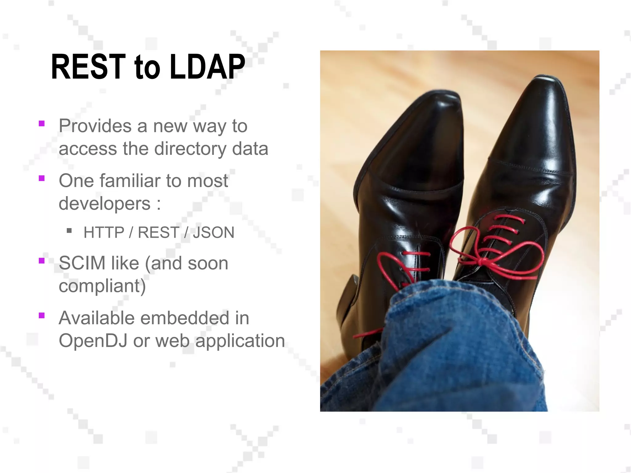 REST to LDAP
 Provides a new way to
access the directory data
 One familiar to most
developers :
 HTTP / REST / JSON
 SCIM like (and soon
compliant)
 Available embedded in
OpenDJ or web application
 