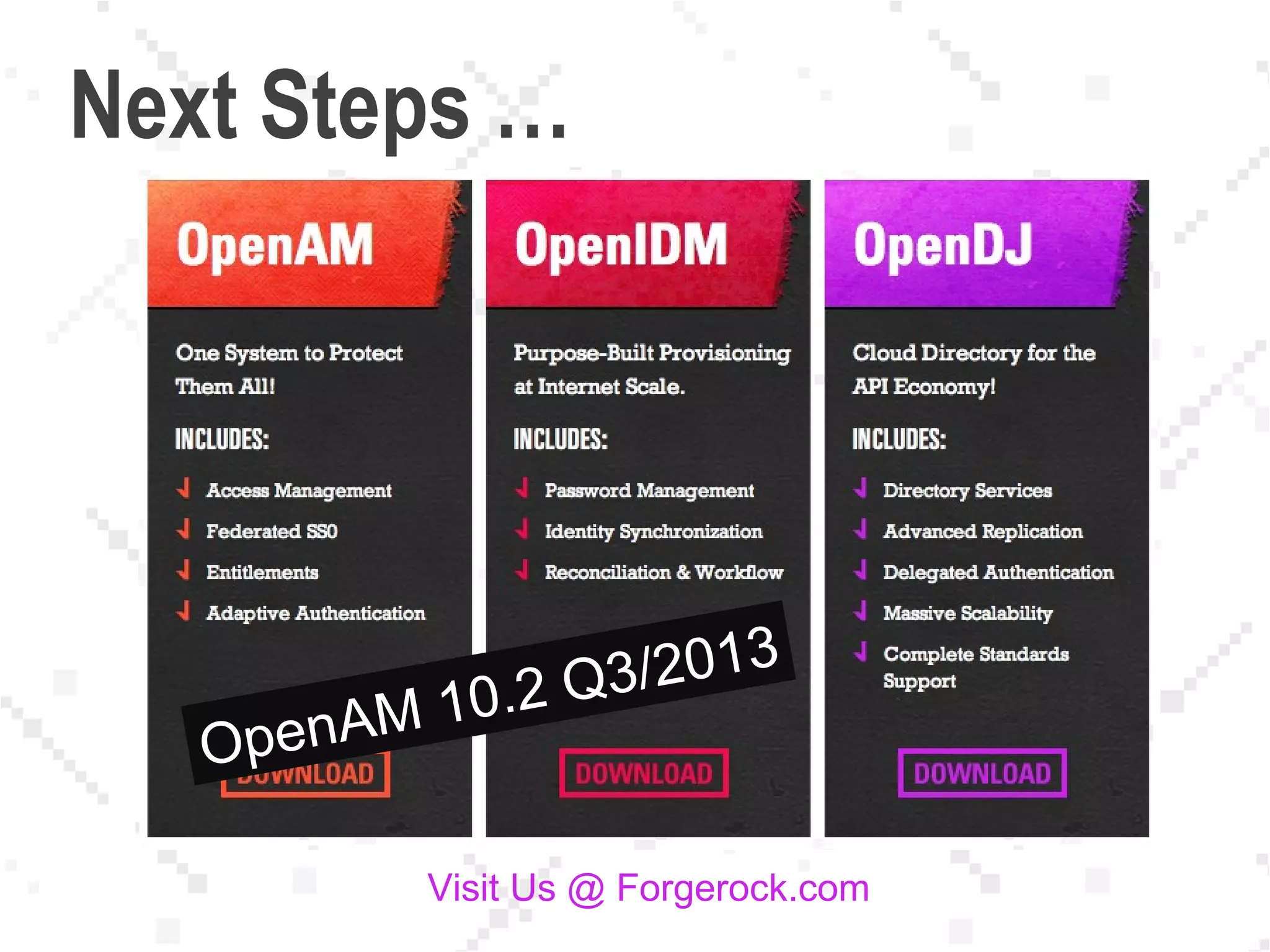 Next Steps …
Visit Us @ Forgerock.com
OpenAM 10.2 Q3/2013
 