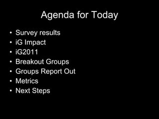 Agenda for Today Survey results iG Impact iG2011 Breakout Groups Groups Report Out Metrics Next Steps 