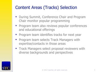 Content Areas (Tracks) Selection

 During Summit, Conference Chair and Program
  Chair monitor popular programming
 Program team also reviews popular conferences
  and educational offerings
 Program team identifies tracks for next year
 Program team selects Track Managers with
  expertise/contacts in those areas
 Track Managers select proposal reviewers with
  diverse backgrounds and perspectives




                  © 2012 UserAid, all rights reserved.   3
 