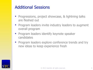 Additional Sessions

 Progressions, project showcase, & lightning talks
  are fleshed out
 Program leaders invite industry leaders to augment
  overall program
 Program leaders identify keynote speaker
  candidates
 Program leaders explore conference trends and try
  new ideas to keep experience fresh




                  © 2012 UserAid, all rights reserved.   6
 