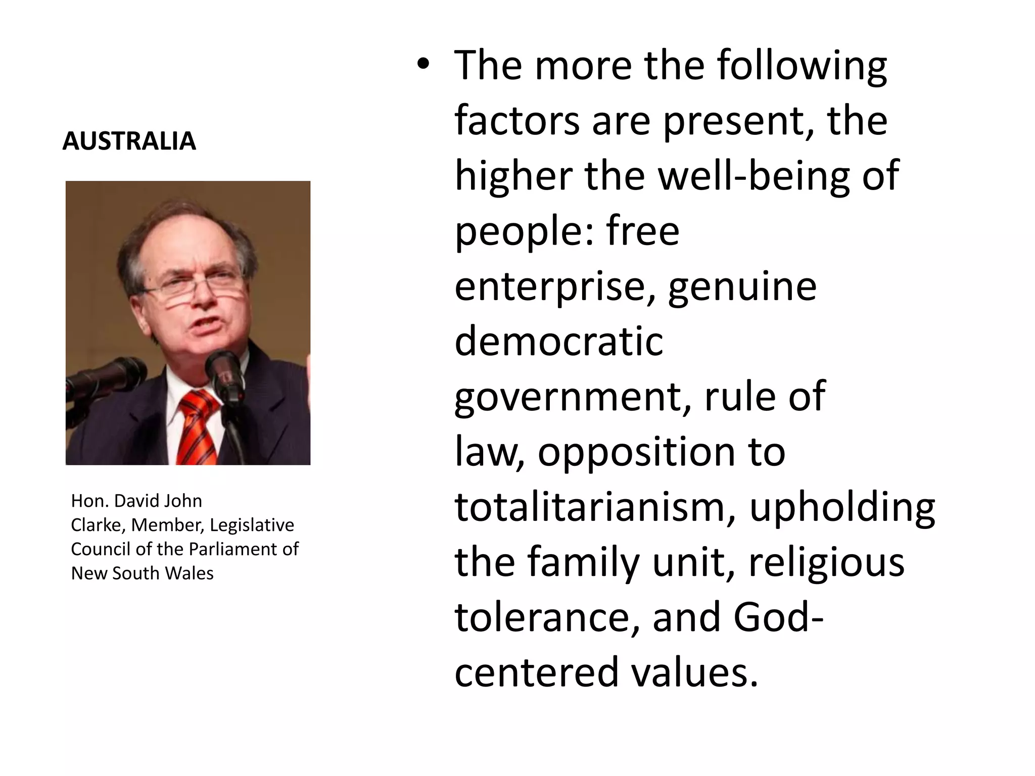 • The more the following
AUSTRALIA
                                 factors are present, the
                                 higher the well-being of
                                 people: free
                                 enterprise, genuine
                                 democratic
                                 government, rule of
                                 law, opposition to
Hon. David John
Clarke, Member, Legislative
                                 totalitarianism, upholding
Council of the Parliament of
New South Wales                  the family unit, religious
                                 tolerance, and God-
                                 centered values.
 