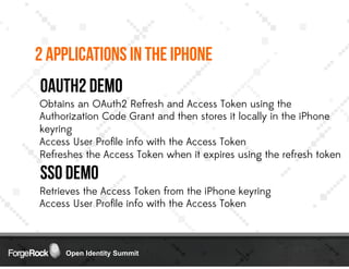 Open Identity Summit
2 Applications in the iPhone
SSO Demo
Obtains an OAuth2 Refresh and Access Token using the
Authorizat...