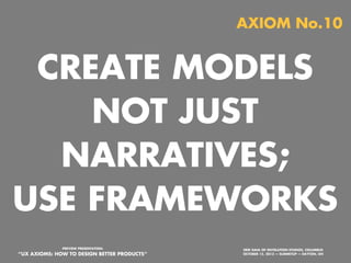 AXIOM No.09

YOU CAN’T TRUST WHAT
PEOPLE SAY; YOU NEED
TO VALIDATE THROUGH
OBSERVATION.
PREVIEW PRESENTATION:

“UX AXIOMS: HOW TO DESIGN BETTER PRODUCTS”
Monday, October 21, 13

ERIK DAHL OF INVOLUTION STUDIOS, COLUMBUS
OCTOBER 15, 2013 — SUMMITUP — DAYTON, OH

 