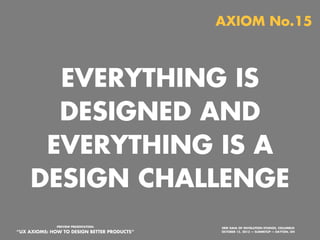 AXIOM No.13

MAKE
NON-ARBITRARY
DESIGN DECISIONS
PREVIEW PRESENTATION:

“UX AXIOMS: HOW TO DESIGN BETTER PRODUCTS”
Monday, October 21, 13

ERIK DAHL OF INVOLUTION STUDIOS, COLUMBUS
OCTOBER 15, 2013 — SUMMITUP — DAYTON, OH

 