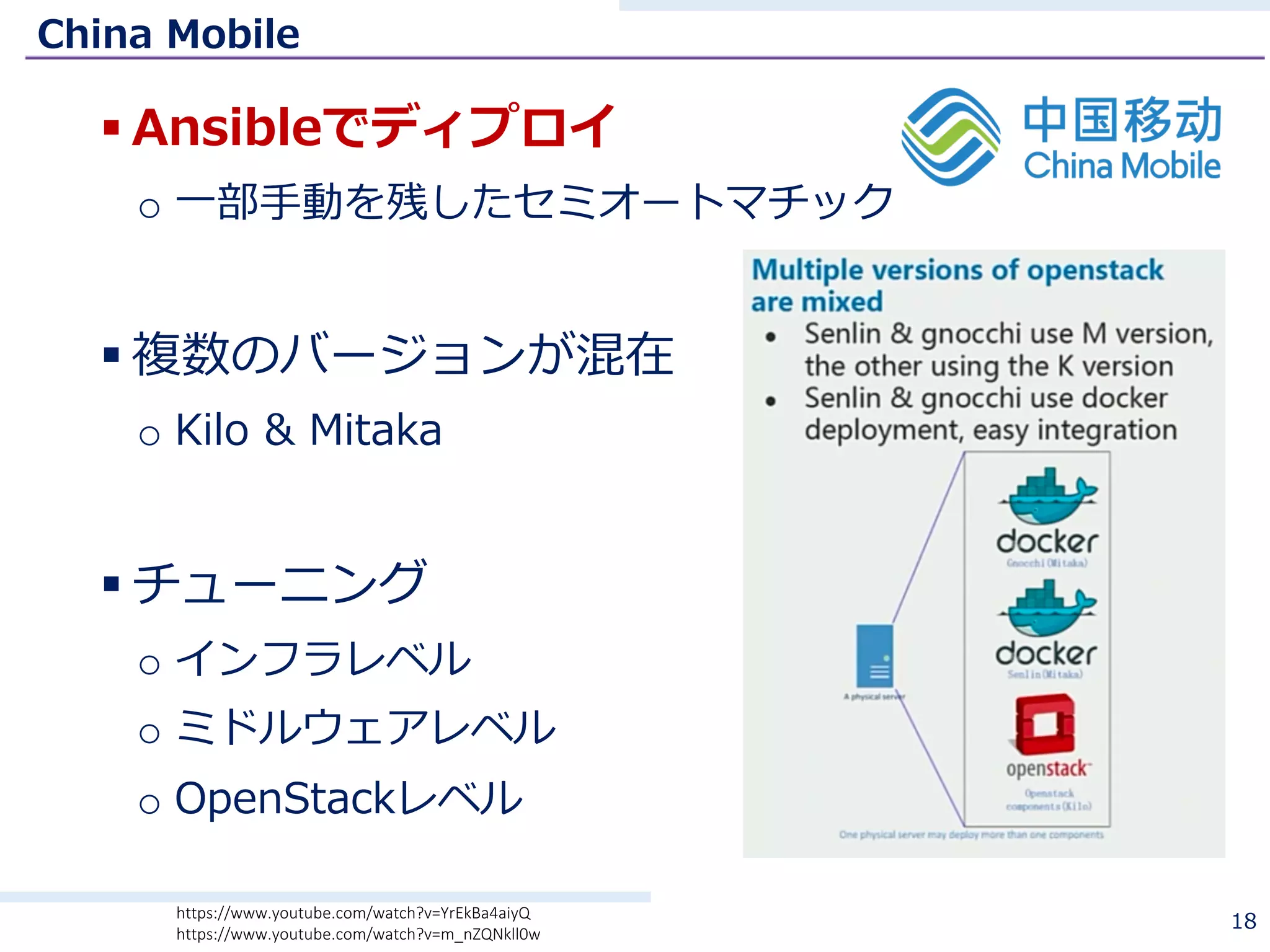 China Mobile
§ Ansibleでディプロイ
o ⼀部⼿動を残したセミオートマチック
§ 複数のバージョンが混在
o Kilo & Mitaka
§ チューニング
o インフラレベル
o ミドルウェアレベル
o OpenStackレベル
18https://www.youtube.com/watch?v=YrEkBa4aiyQ
https://www.youtube.com/watch?v=m_nZQNkll0w
 