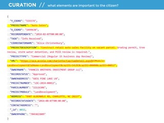 CURATION // what elements are important to the citizen? 
{ 
"Y_COORD": "535574", 
"PROJECTNAME": "Auto Sales", 
"X_COORD": "1499638", 
"RECORDOPENDATE": "2014-02-07T00:00:00", 
"TASK": "Info Received", 
"COORDINATORNAME": "Alice Christenbury", 
"PROJECTDESCRIPTION": "Construct retail auto sales facility on vacant parcel. Grading permit, tree 
review, storm water detention, and PCCO review is required.", 
"PROJECTTYPE": "Commercial (Regular 15 business day Review)", 
"URL": "https://aca.accela.com/charlotte/Cap/CapDetail.aspx%63Module= 
LandDevelopment&TabName=LandDevelopment&capID1=14LDC&capID2=00000&capID3=00012", 
"OWNERNAME": "FRANCIS BROTHERS INVESTMENT GROUP LLC", 
"RECORDSTATUS": "Approved", 
"OWNERADDRESS": "6831 PINE LAKE LN", 
"PROJECTNUMBER": "LDC-2014-00012", 
"PARCELNUMBER": "11116306", 
"PROJECTMODULE": "LandDevelopment", 
"ADDRESS": "9907 ALBEMARLE RD, CHARLOTTE, NC 28227", 
"RECORDSTATUSDATE": "2014-08-07T00:00:00", 
"CONTACTADDRESS": "", 
"_id": 8032, 
"OWNERPHONE": "7045023809" 
} 
 