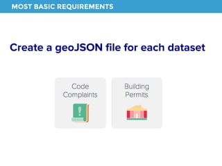 MOST BASIC REQUIREMENTS 
Create a geoJSON file for each dataset 
 