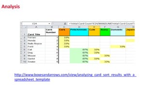 Analysis
http://www.boxesandarrows.com/view/analyzing_card_sort_results_with_a_
spreadsheet_template
 