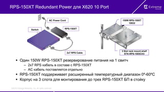 ©2016 Extreme Networks, Inc. All rights reserved.
RPS-150XT Redundant Power для X620 10 Port
 Один 150W RPS-150XT резервирование питания на 1 свитч
– 2x7 RPS кабель в составе с RPS-150XT
– AC кабель поставляется отдельно
 RPS-150XT поддерживает расширенный температурный диапазон 0º-60ºC
 Корпус на 3 слота для монтирования до трех RPS-150XT БП в стойку
1
150W RPS-150XT
10932
3 Slot rack mount shelf
STK-RPS-1005CH32x7 RPS Cable
Switch RPS-150XT
AC Power Cord
 