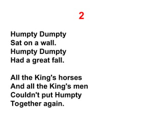 2
Humpty Dumpty
Sat on a wall.
Humpty Dumpty
Had a great fall.
All the King's horses
And all the King's men
Couldn't put Humpty
Together again.
 