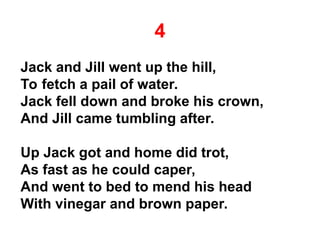 4
Jack and Jill went up the hill,
To fetch a pail of water.
Jack fell down and broke his crown,
And Jill came tumbling after.
Up Jack got and home did trot,
As fast as he could caper,
And went to bed to mend his head
With vinegar and brown paper.
 